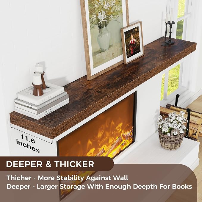 72" Wide x 12" Deep Floating Shelves for Wall, Rustic Brown, 1-Pack | Engineered Wood Wall Shelves with Invisible Brackets for Living Room, Bedroom, Bathroom, Office & Kitchen Storage