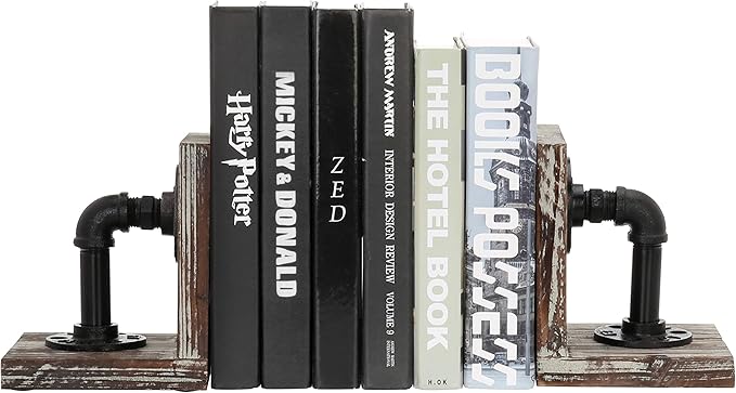 MyGift Decorative Bookends, Office Book Ends for Shelf, Book Holder L-Shaped Stand Desktop, Solid Torched Wood with Realistic Industrial Pipe Design