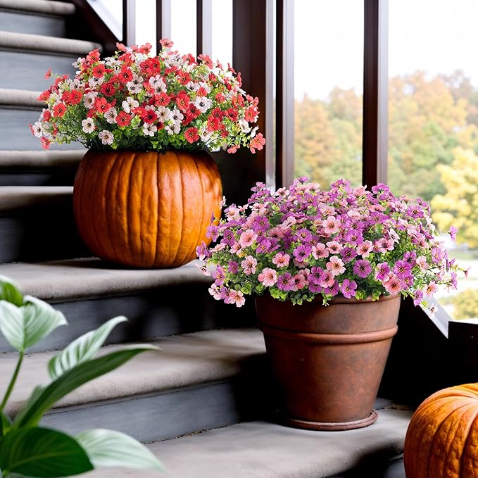 INXUGAO Artificial Silk Flowers Hanging Basket for Outdoor Indoor, Daisy with Eucalyptus Leaves Arrangement for Garden Yard Spring Decor, Faux Green Plant in Metal Coconut Lining Pot(Purple Pink)
