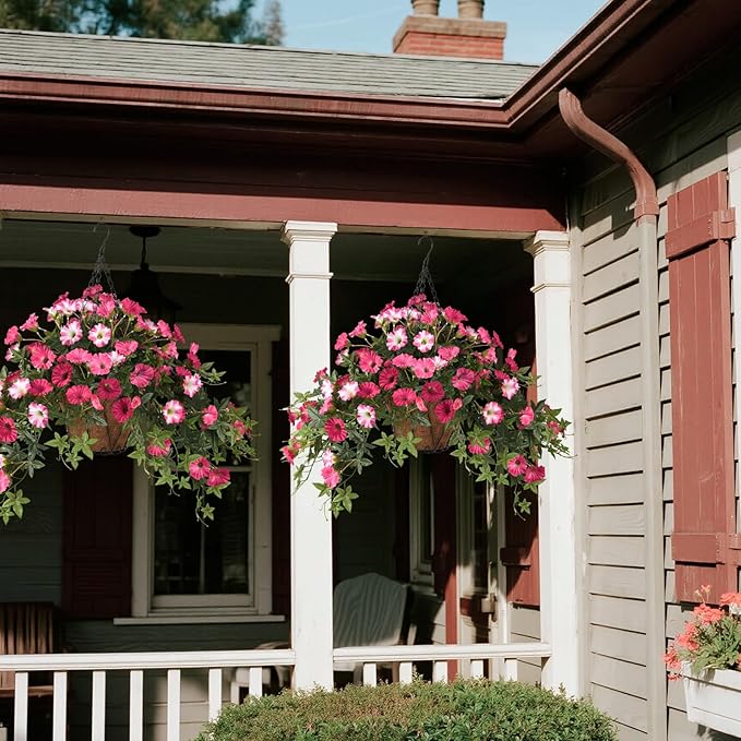 Artificial Fake Flowers Hanging Plants for Outdoor Spring Summer Decoration, 2Pcs Faux Petunias Realistic Silk Flower UV Resistant No Fade for Home Outside Garden Balcony Yard Porch Indoor (Rose Red)