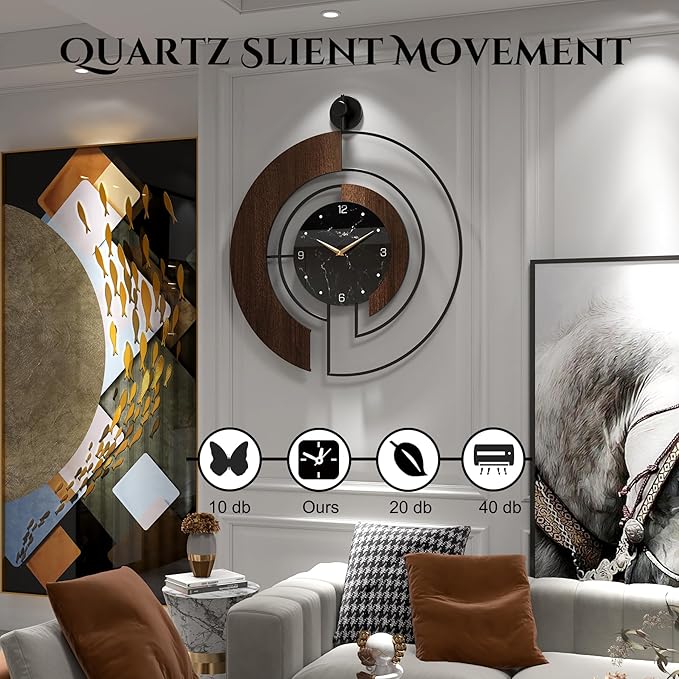 Modern Walnut Marble Dial Wall Clock, Large Wood Metal Frame Silent Non Ticking Wall Clocks for Living Room, Bedroom Decoration, Contemporary Home Wall Decor Gift Idea, 26.4 in