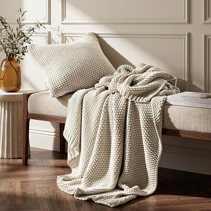 EverGrace Organic Cotton Chunky Knit Throw Blanket, 60 x 80 Birch | OCS Certified Organic Cotton, Seed Stitch Knit, Soft & Breathable, Cozy Midweight, Decorative Throw for Couch, Bed & Sofa