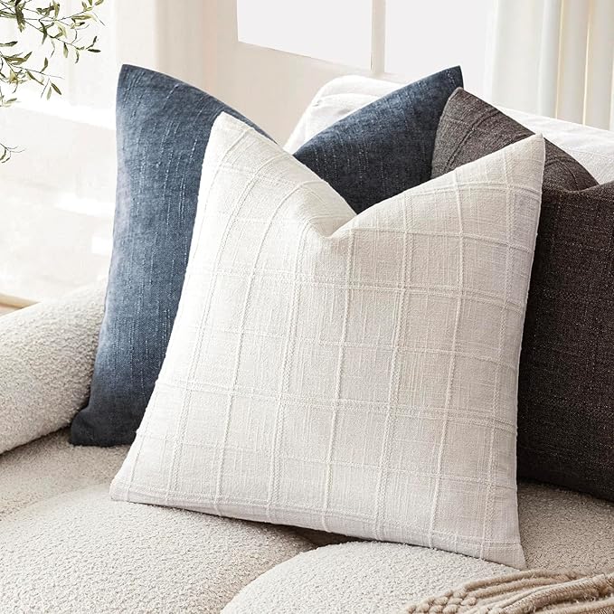 Foindtower Set of 2 Decorative Linen Check Throw Pillow Covers Neutral Farmhouse Vintage Cushion Covers Modern Boho Home Decor for Sofa Chair Couch Bedroom Living Room,20×20 Inch,Cream White
