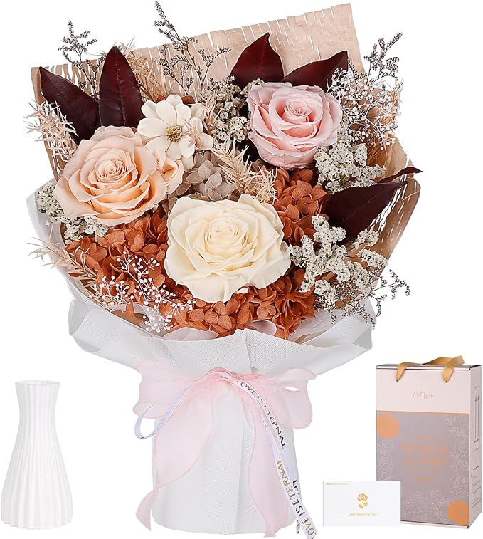 Preserved Bouquet of Flowers - Forever Flowers for Delivery, Real Eternal Roses, Mothers Day Gifts for Mom Grandma Wife, Anniversary Birthday Gifts for Women, Champagne