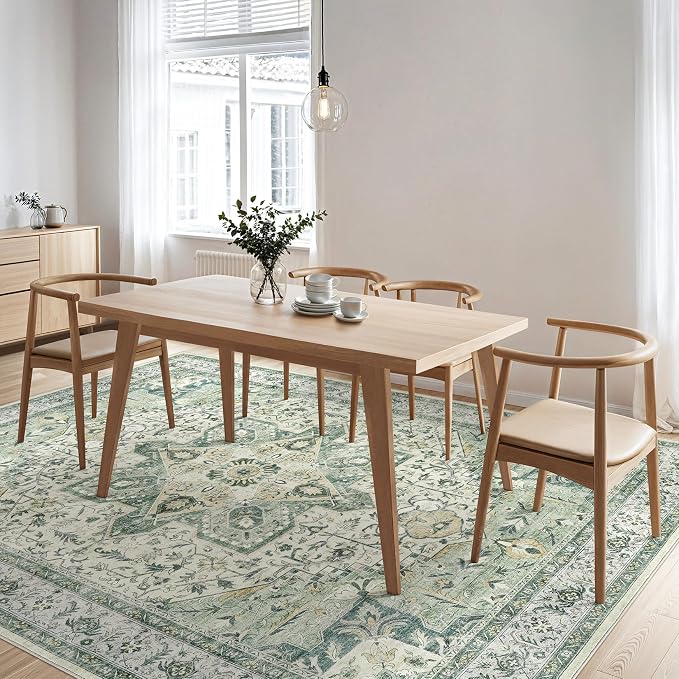 Tortania Area Rug Living Room Rugs - 8x10 Washable Boho Rug Vintage Oriental Distressed Farmhouse Large Thin Indoor Carpet for Living Room Bedroom Under Dining Table Home Office - Green