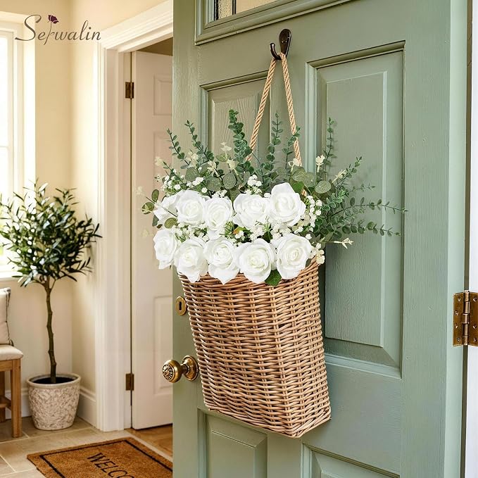 Serwalin 60 Pcs Mixed Eucalyptus Greenery Stems, White Silk Roses and Babys Breath Artificial Flowers for DIY Wedding Bouquets Home Party Arrangement Floral Vase Decor