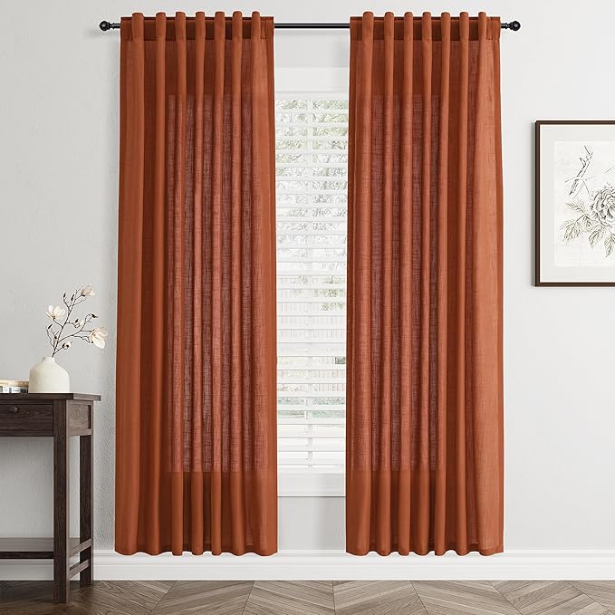 Jowels Terracotta Linen Curtains 80 Inch Long 2 Panels for Living Room | Burnt Orange Light Filtering Semi Sheer Curtain,Back Tab Pocket Pleated Look,Boho Textured Privacy Drapes for Bedroom Window