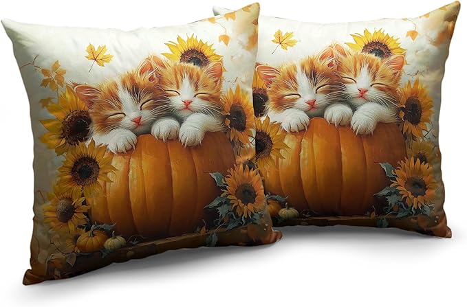 Fall Pillow Covers 18x18 Set of 2 Lovely Cat Pumpkin Sunflower Throw Pillow Covers Autumn Harvest Farmhouse Pillowcase Double Sided Printing Cushion Case for Patio Outdoor Sofa