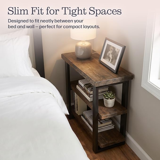 Alaterre Furniture Pomona Solid Wood 3-Tier End Table, Rustic Brown, 20” | Small Side Table or Nightstand with Storage Shelf and Metal Legs, Rustic Farmhouse Chair Side Table for Living Room & Bedroom