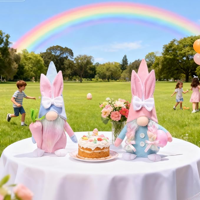 Eimilaly Easter Bunny Gnomes for Pink Blue Decorations, Tomte Gnomes Set Ornaments for Garden or Easter Theme Party Gnome Decor - 2PCS