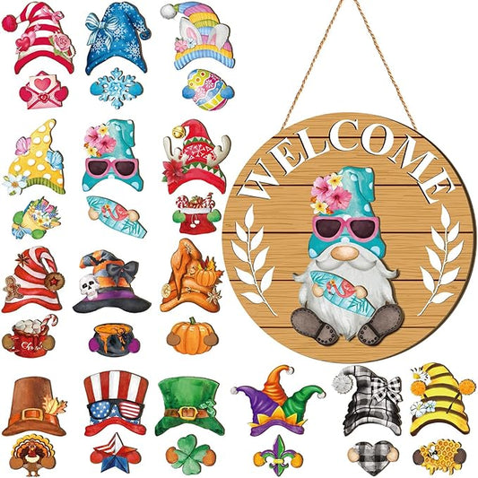 Qunclay Interchangeable Wooden Gnome Decor Holiday Seasonal Gnome Decorations with Magnet Pieces and Detachable Hats Changeable Welcome Sign for Home(Fresh Style)