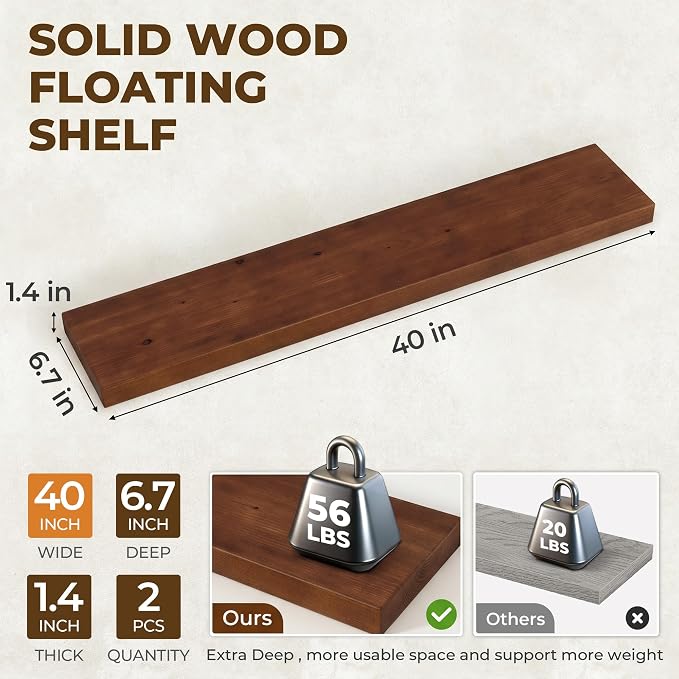 40 inch Floating Shelves for Wall, High End Solid Real Wood Floating Shelf with Heavy Duty Invisible Bracket 40in Long Wooden Wall Shelves for Living Room, Bedroom, Kitchen, Bathroom, Set of 2, Walnut