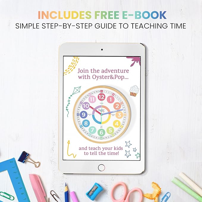 Large Pastel Kids Learning Clock – Award-Winning 14" Silent Non-Ticking Analog Wall Clock for Classroom & Kids Bedroom – Cute Colorful Room Decor & Educational Tool – Includes Teaching Time E-Book