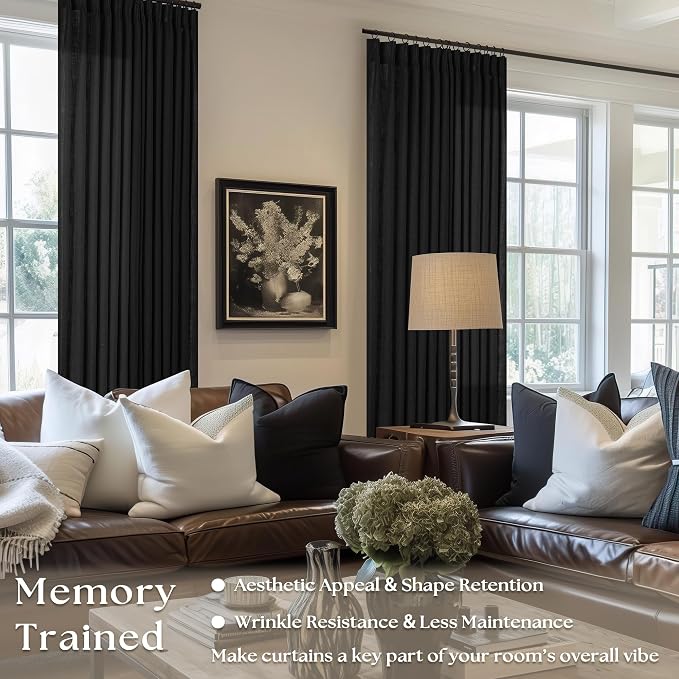 TWODRAPES Black Pinch Pleated Linen Curtains 80 Inches Long for Living Room Bedroom Light Filtering Boho Window Drape 80 Inch 2 Panels with Hooks Rings Back Tab Sliding Glass Door Semi Sheer Curtain