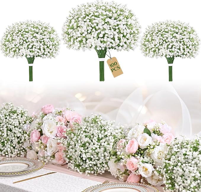 Yastouay 100 Pcs Babys Breath Artificial Flowers, White Baby Breath Flowers Artificial Bulk, Real Touch Fake Flowers Babys Breath Gypsophila for Wedding Home Party Bouquet Floral Arrangement Decor