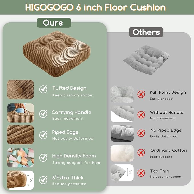 HIGOGOGO 6" Extra Thick Floor Pillow Cushion for Adults, Meditation Cushion Pillow, Large Square Floor Sitting, Tufted Corduroy Cover, for Tatami Living Room or Yoga, 22x22 Inch, Coffee