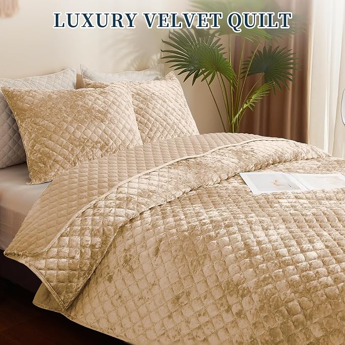 Luxury Soft Velvet Quilt Set Queen Size - Lightweight Velvet Bedding Set for All Season, Oversized Bedspread Coverlet Comforter Set with 2 Pillow Shams, Beige Brown, Diamond