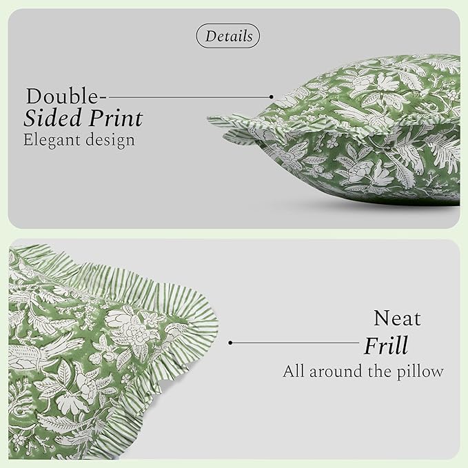 CPC Olive Green Ruffle Throw Pillow Covers for Couch, 24x24 Inch Cotton Stripe Ruffle Couch Pillows for Living Room, Hidden 20 Inch Zipper Boho Pillow Case or Cute Outdoor Pillows