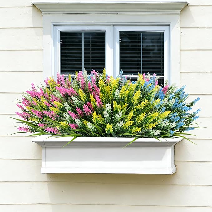 Geegoods Artificial Plants Flowers Outdoor – 24 Bundles UV Resistant Faux Lavender Flowers with Monkey Grass for Garden Porch Window Patio Hanging Planter Decor