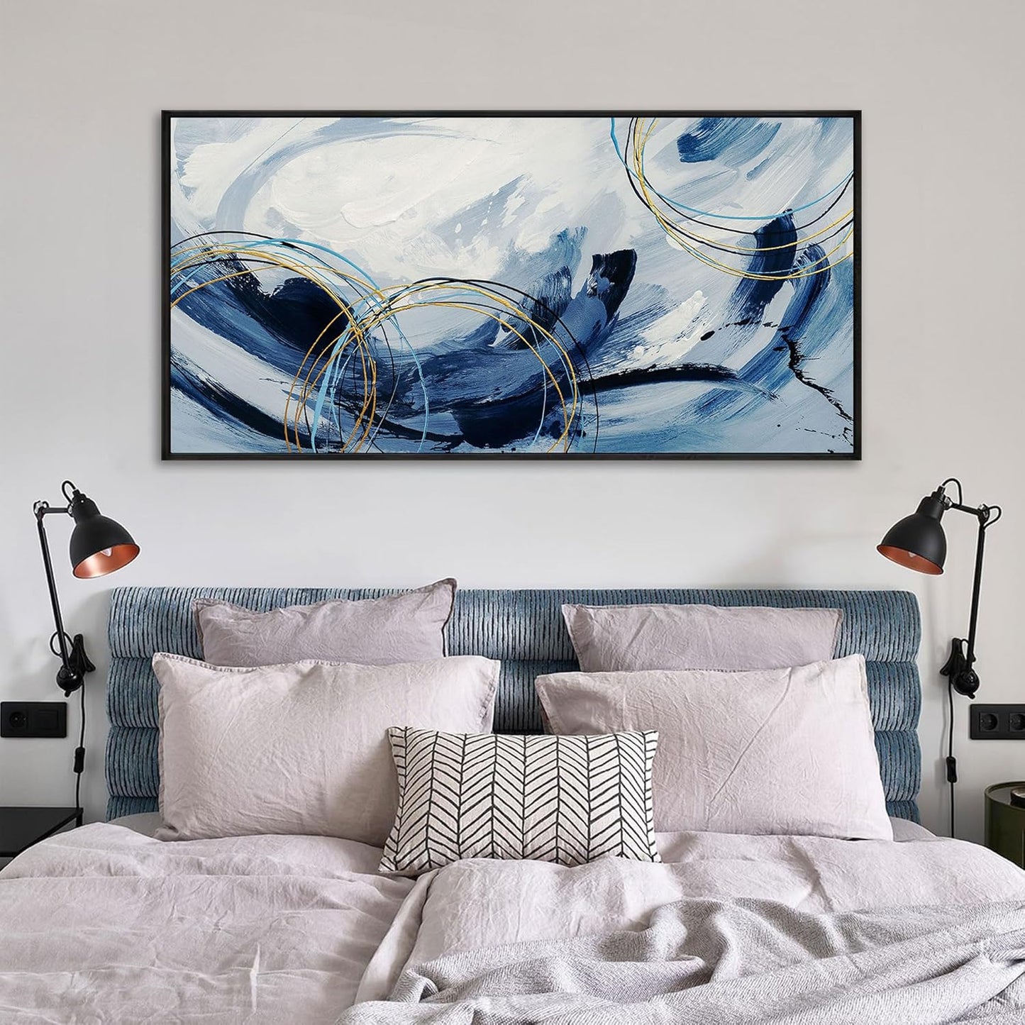 yiijeah Wall Art for Living Room - Navy Blue Large Canvas Wall Art for Farmhouse Wall Decor Abstract Paintings Modern Framed Artwork for Walls Blue and White Bedroom Office Contempor Decoration