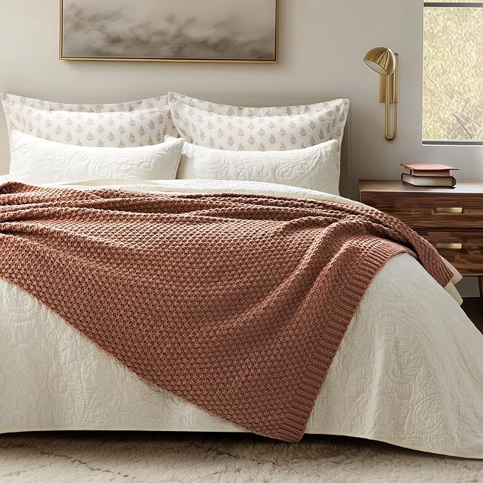 EVERGRACEHOME Chunky Chenille Knit Throw Blanket for Couch, Soft Luxurious Moss Stitch Blankets for Bed, Cozy Decorative Farmhouse Knitted Throws for Sofa, Terracotta Clay, 50" x 60"