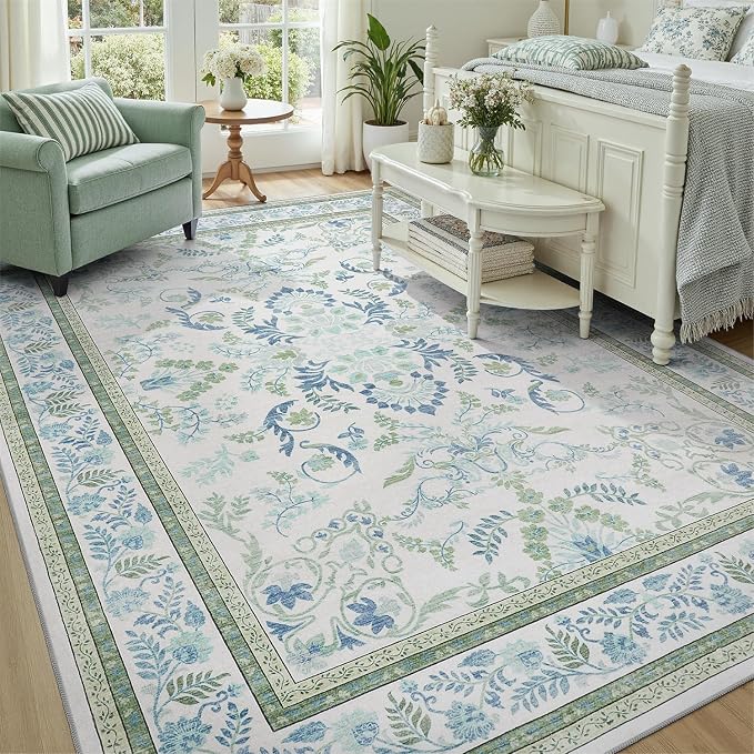 DCX Green 10x14 Rug, Kid & Pet Friendly with Rubber Back Non Slip, Machine Washable Stain Resistant Botanical Floral Rug for Living Room, Bedroom, Soft Low Pile Large Nursery Carpet