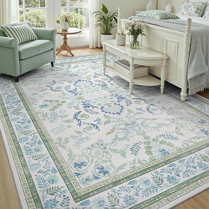 DCX Green 6x9 Rug, Kid & Pet Friendly with Rubber Back Non Slip, Machine Washable Stain Resistant Botanical Floral Rug for Living Room, Bedroom, Soft Low Pile Large Nursery Carpet