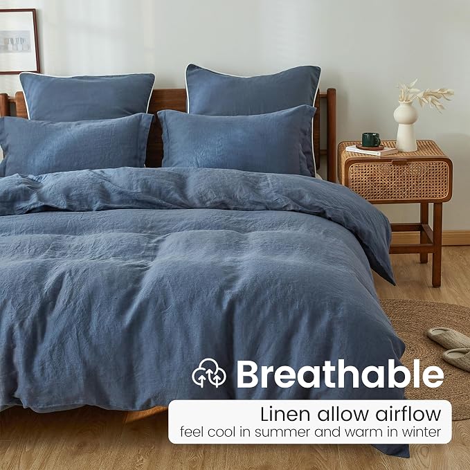 100% French Linen Pillow Shams Basic Style - Pack of 2 - Washed Solid Color Natural Flax Soft Breathable - Classic Blue, 20'' x 26''