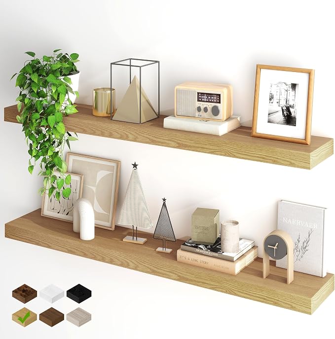 Fun Memories Floating Shelves for Wall, 40Inch Floating Shelves Set of 2, Hanging Shelf with Invisible Brackets, Wood Shelves for Living Room, Bedroom, Kitchen, Oak