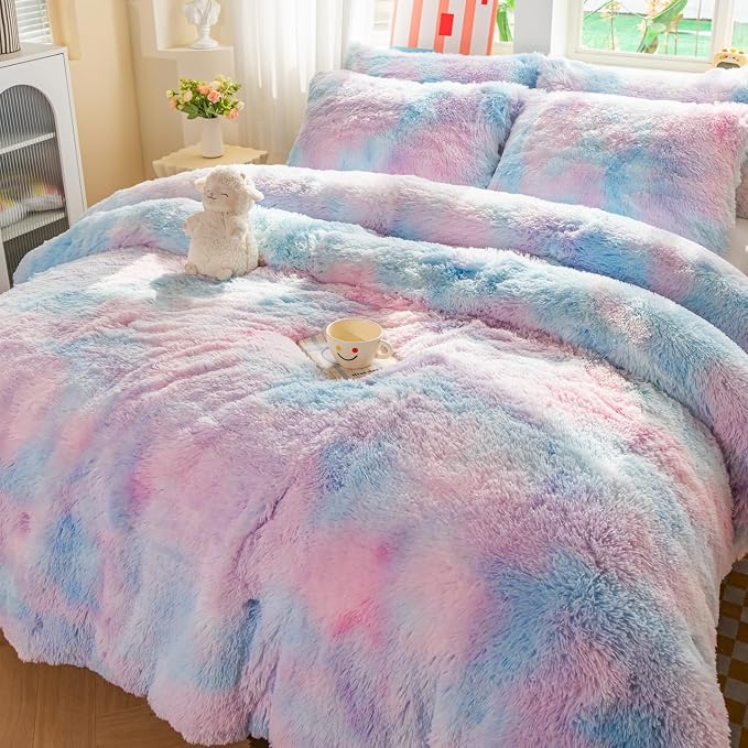 chovy Faux Fur Plush Tie-Dyed Colorful Blue Comforter Sets Full/Queen - Ultra Soft Shaggy Flannel Velvet Fluffy Fuzzy 3PC Bedding Set （Comforter x 1 Pillowcases x 2）