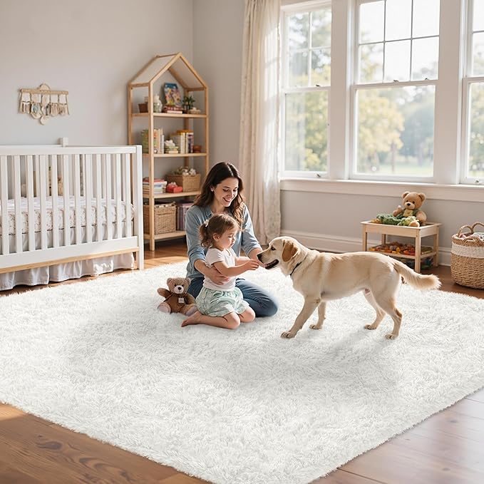 8x10 Area Rug for Living Room:Ultra Soft Fluffy Shag White Rugs,Large Fuzzy Plush Indoor Non Slip Carpet Washable Rug for Bedroom Kids Nursery Office Dorm Modern Decor(White 8'x10')