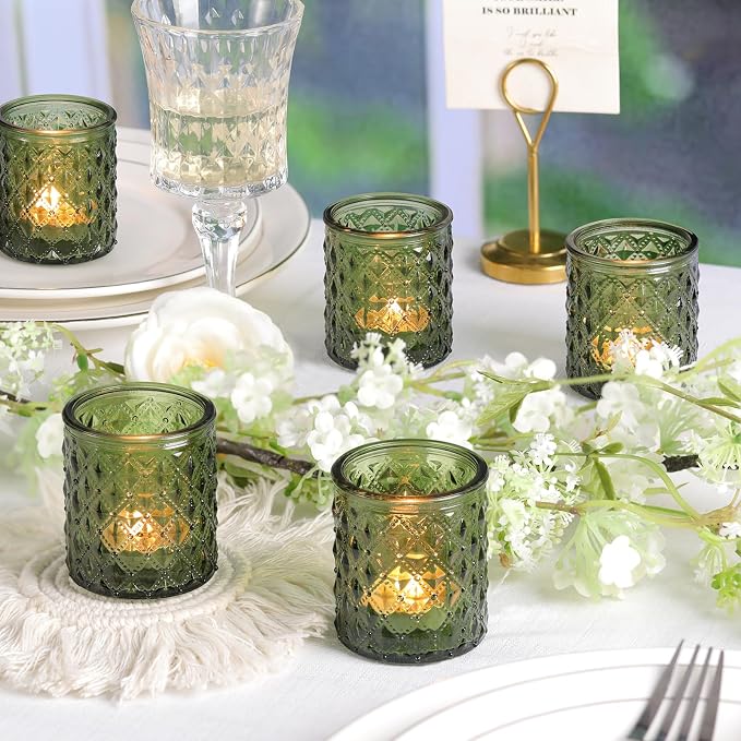 20 Pack Green Votive Candle Holders, Green Glass Candle Holder for Wedding Table Centerpiece, Glass Tea Lights Candle Holders for Baby Shower, Vintage Glass Candle Holders for Party Home Decor
