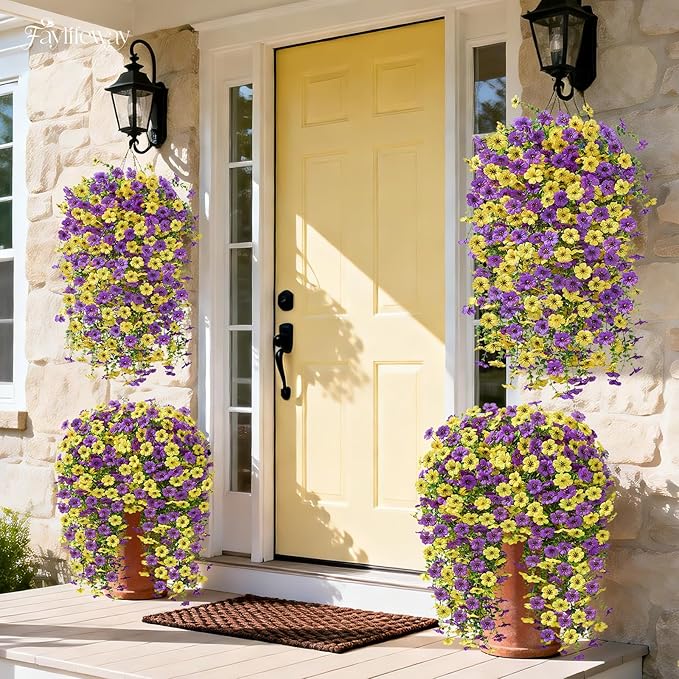 Artificial Hanging Flowers for Outdoors Spring Summer Decoration, 8PCS UV Resistant Silk Fake Hanging Plants for Patio Porch Front Yard Window Garden Indoor Decor(Purple&Yellow,8PCS)