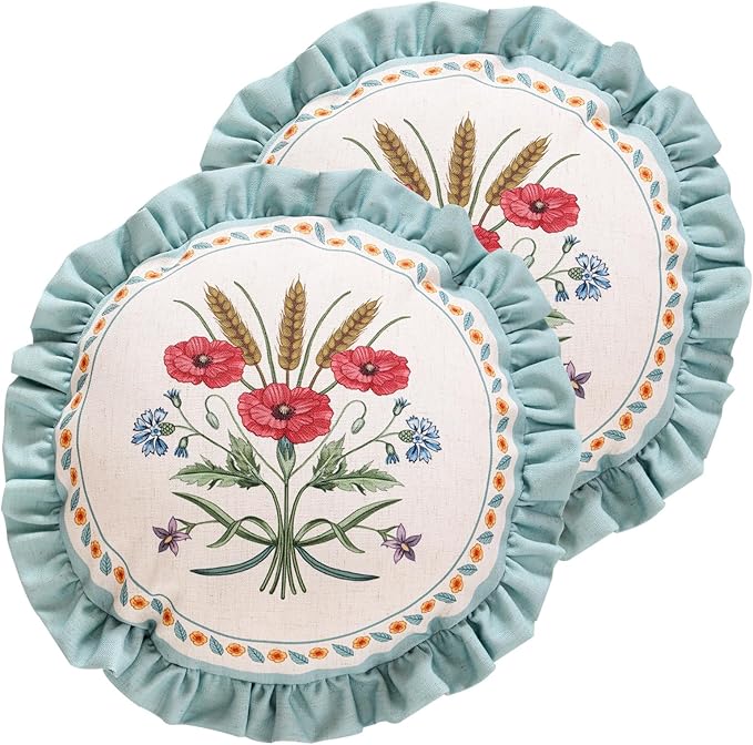 ISAENNE Vintage Linen Throw Pillow Cover,Set of 2,Diameter 16"-Serenity C | Designer Elegant Round Pillow Cover,Concealed Zipper Design,Floral Pattern,Sofa,Bedroom,Living Room,Lounge Chairs