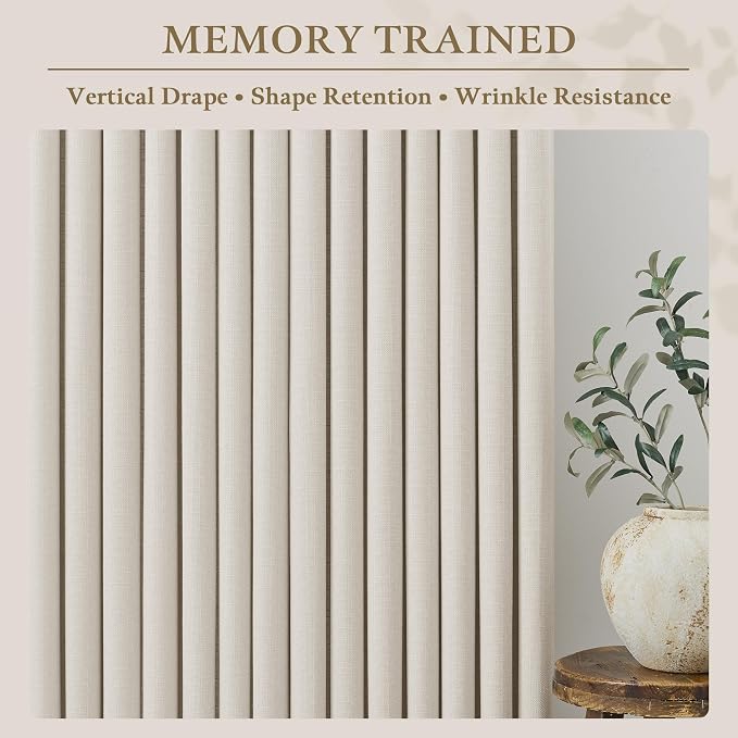 Pinch Pleated Natural Linen Curtains 105 Inches Long for Living Room Bedroom Patio Door Ceiling to Floor Custom Pinch Pleat with Hooks for Track Back Tab Light Filtering Drapes for Dining Room Cream
