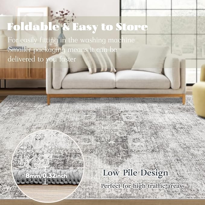 Area Rug 9x12 Washable Rug, Vintage Boho Medallion Rugs Non-Slip Soft Low Pile Large Distressed Rug Indoor Retro Carpet for Living Room Bedroom Dining Room Home Office (Grey, 9'x12')