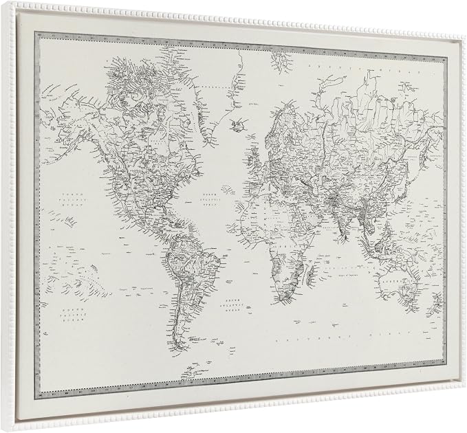Kate and Laurel Sylvie Beaded Vintage Black and White World Map Vintage Framed Canvas Wall Art by The Creative Bunch Studio, 23x33 White, Modern Geographical Map Décor
