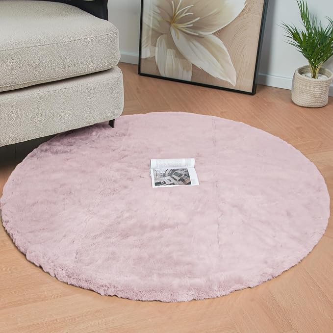 ORINOVA Pink Boho Faux Rabbit Fluffy Fur Rugs for Bedroom Shag Circle Washable Area Rugs for Living Room Nursery Round Rug 4ft