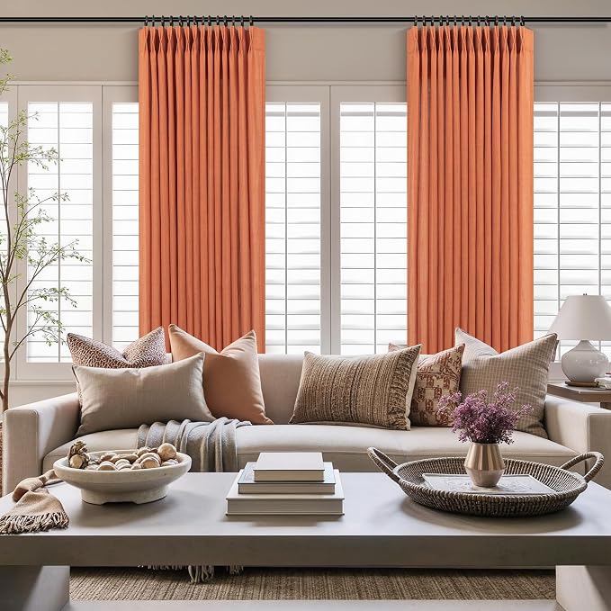 Burnt Orange Pinch Pleated Linen Curtains 108 Inches long for Living Room 2 Panels Pleat Drapes Back Tab Semi Sheer Autumn Cozy Boho Antique Curtains for Bedroom Window 9 FT Ceiling to Floor Length