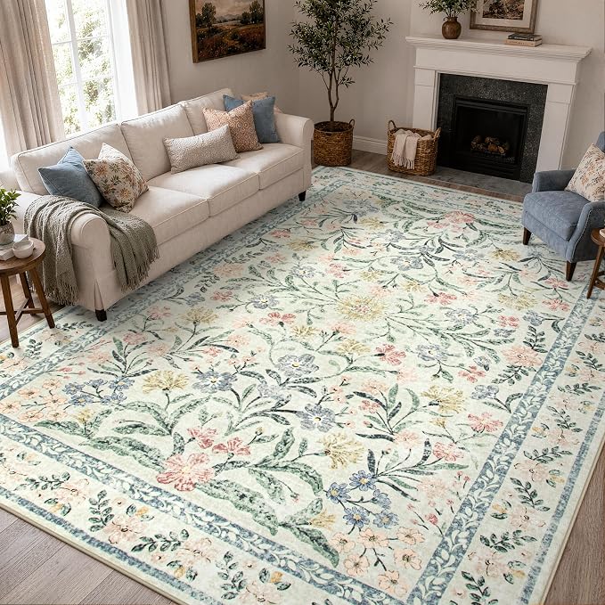 Wonnitar Large Rugs for Living Room, Soft Washable Floral 9x12 Area Rug for Bedroom, Boho Non-Shedding Foldable Carpet for Kids Playroom Apartment Home Decor