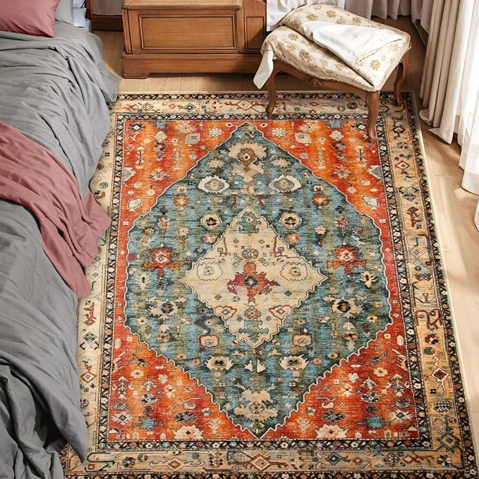 SERISSA Area Rug 3x5 Boho Tribal Rugs for Bedroom, Washable Kitchen Rugs Non-Slip, Ultra Soft Print Distressed Vintage Entry Rug Low-Pile Throw Rug Carpet for Nursery Living Room Dorm Decor