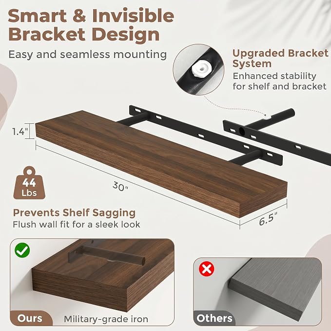 Venusmiles Floating Shelves for Wall, 30 Inch Floating Shelves Set of 2, 6.5" D Wooden Wall Mounted Display Shelves with Invisible Brackets for Living Room, Bedroom, Bathroom, Kitchen Decor, Walnut