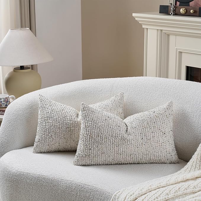 DEZENE Striped Throw Pillow Covers 12x20 Set of 2 Cream Grey Textured Boucle Chic Morden Boho Accent Farmhouse Rectangular Lumbar Decorative Couch Pillow Covers for Home Decor Bed Sofa Living Room