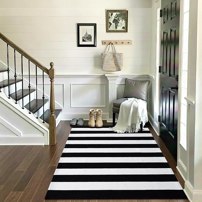 OLANLY Black and White Striped Rug 3' x 5' – Washable Cotton Indoor Outdoor Doormat for Front Door, Entryway, Kitchen, Porch, Patio Decor