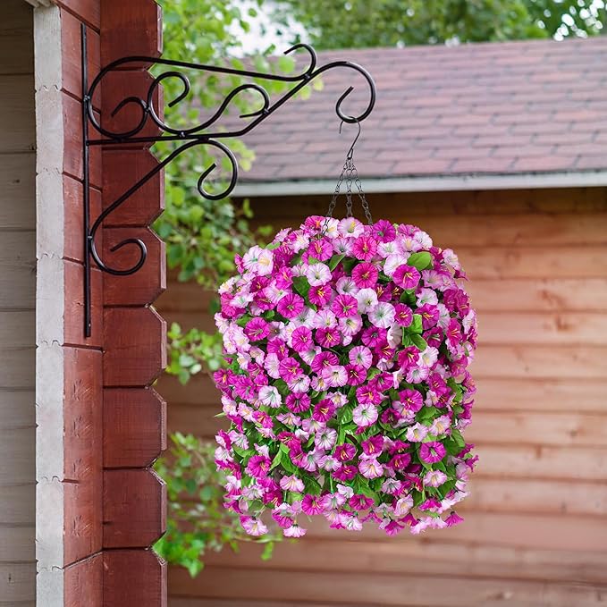 Ammyoo Artificial Fake Hanging Flowers Basket for Spring Decor, Faux Silk Flower in Planter for Summer, Outdoor Artificial Floral for Home Porch Yard(Double Lotus)