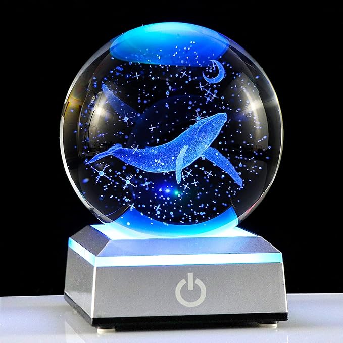 3D Engraved Whale K9 Crystal Ball with Silver LED Base 3.15in. Miniatured Whale Birthday Gifts for Girlfriend Glass Home Decoration (3.15 in.)