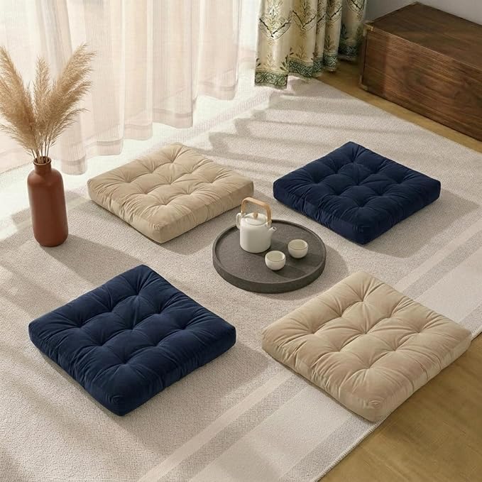 Floor Pillows for Adults Set of 2, Soft Velvet Floor Cushions for Sitting, Square Tufted Floor Pillow Set for Reading Nook, Living Room, Bedroom, 22 x 22 Inch, Navy