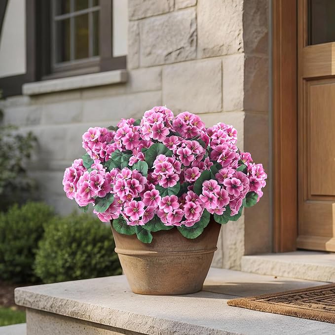 GLIDLION 12 Bundles Artificial Geranium Flowers for Spring Summer Decor, UV-Resistant Fake Plants Realistic Faux Silk Bouquets for Front Door Farmhouse Garden Porch Home Outdoor Decor (Pink)
