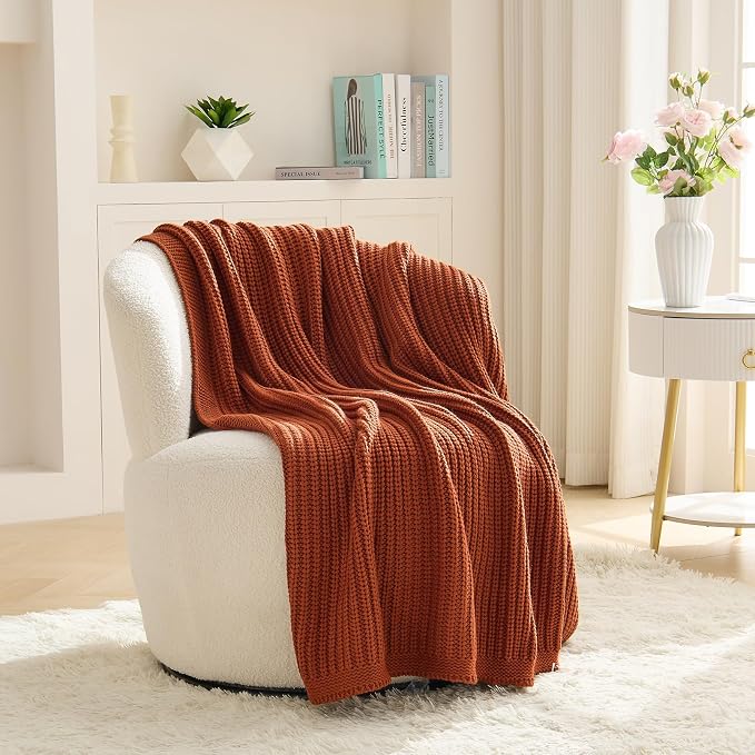 Chunky Knit Rust Orange Throw Blanket 50"x60" Soft Cozy Lightweight Knitted Blanket for Couch Sofa Bed,Cute Decorative Spring Throw for Living Room