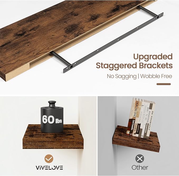 Vivelove Floating Shelves for Wall Mounted, 48 Inches Long Shelves, Display Shelf for Bathroom Living Room Kitchen Bedroom Office Farmhouse Home Decor, 48" X 9.3" X 1.5" - Set of 2, Rustic Brown